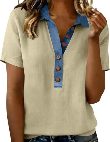 Linen Shirts for Women Henley Button up V Neck Shirts Trendy Fashion Color Block Shirts Summer Vacation Going Out Tops in Kuwait