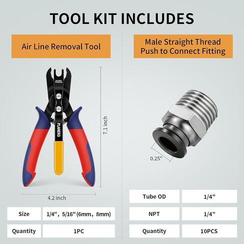 PLANEKO Air Line Removal Tool Disconnect Tool Kit for 1/4" 5/16" (6mm 8mm) Pneumatic Hose Fittings Removing with 10PCS 1/4" Tube OD x 1/4" NPT Male Straight Thread Push to Connect Fittings in Kuwait