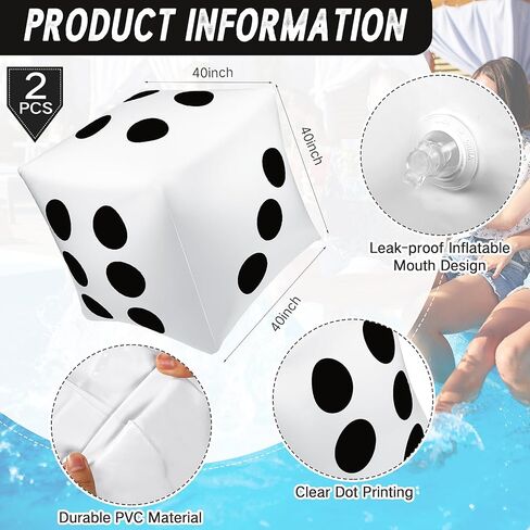 2 PCS 40 بوصة Jumbo Disterable Dice Fun Fun Dice Dice Set Set Up Tloat Doys لأغراض داخلية في الهواء الطلق عريض العشب الكازينو موضوع ديكورات حفلة عيد ميلاد Ludo Pool (الأسود) in Kuwait