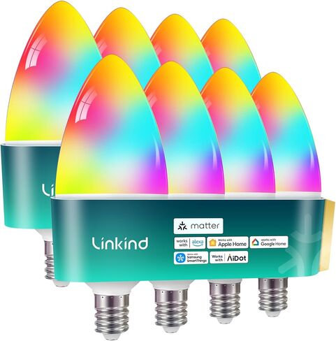 مصابيح الإضاءة الذكية Linkkind Matter، لمبة E12 LED متوافقة مع Alexa، مصابيح ذكية 500LM للثريا، مصابيح شمعدان RGBTW متغيرة الألوان، 2.4 جيجا هرتز واي فاي فقط، عبوتان in Kuwait