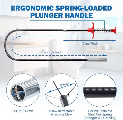 Extra-Long (77 inch) Drain Snake,Drain Clog Remover & Toilet Snake Cleaner Tool for Kitchen Sink,Drains,Toilet,Bathroom Tub – Reusable Hair and Debris Cleaning Accessory in Kuwait
