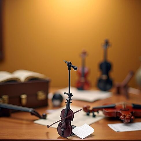 Brown Miniature Violin Collectible with Stand, Bow and Case, Dollhouse Musical Instrument Decoration in Kuwait