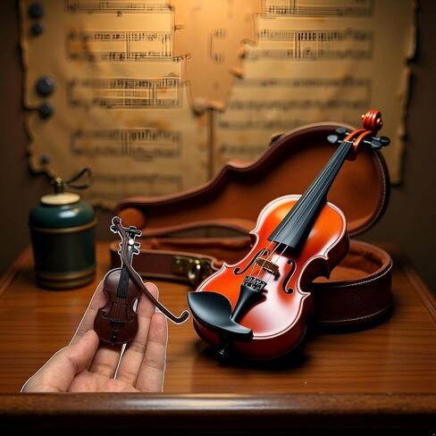 Brown Miniature Violin Collectible with Stand, Bow and Case, Dollhouse Musical Instrument Decoration in Kuwait