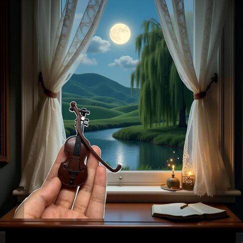 Brown Miniature Violin Collectible with Stand, Bow and Case, Dollhouse Musical Instrument Decoration in Kuwait