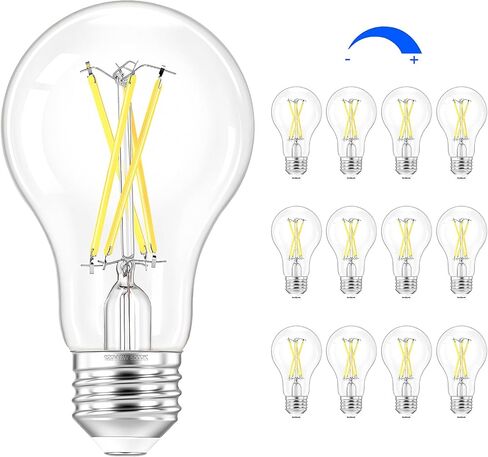 Brightever 12 حزمة A19 لمبات LED Edison عتيقة، مصابيح إضاءة خافتة مطورة 60W مكافئة، فائقة السطوع 800 لومن، قاعدة 8W E26، 2700K أبيض دافئ، CRI90+، مصابيح LED زجاجية شفافة للمنزل in Kuwait