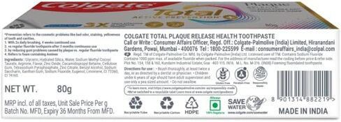 Colgate Total Plaque Release Toothpaste | Tooth Paste with Amino Foam & Zinc | Colgate Paste Toothpaste for Stronger Gums | 3X More Effective at Fighting Plaque - Natural Mint (80gm)(2.8 Ounce) in Kuwait