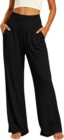 Women High Waist Wide Leg Yoga Pants with Pockets Soft Stretch Athletic Trousers Workout Loungewear Casual Outfit in Kuwait