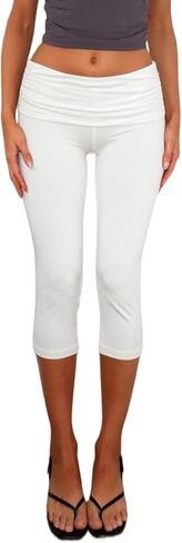 Fold Over Capri Yoga Leggings for Women Low Rise Flared Skinny Cropped Pants Stretch Slim Fit Knee Length Bottoms in Kuwait