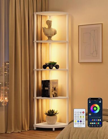 رف الزاوية مع ضوء RGBCW LED ، 64.5 "مصباح الأرض طويل القامة منظم رف الكتب الضيق ، أرفف دائمة مع عمود معدني ، رف تخزين العرض لركن الجدار ، غرفة المعيشة ، غرفة نوم ، ديكور المكتب ، الأسود in Kuwait
