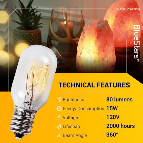 BlueStars E12 T20 Salt Lamp Bulb 120V 15W, 2700K Warm White, E12 Candelabra Base for Himalayan Salt Rock Lamps & Baskets, Scentsy Plug-in Wax Warmers, Night Lights - Pack of 8 in Kuwait