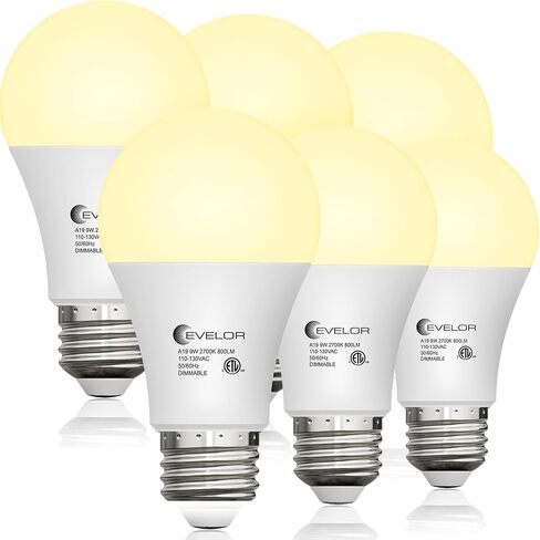 evelor 6 عبوات A19 مصابيح LED، 60 وات، ضوء نهاري 5000 كلفن، قابل للتعتيم، قاعدة E26 | مصابيح LED بيضاء فعالة بقدرة 9 وات، 800 لومن، 15000 ساعة، مثالية لغرفة النوم وغرفة المعيشة والدراسة in Kuwait
