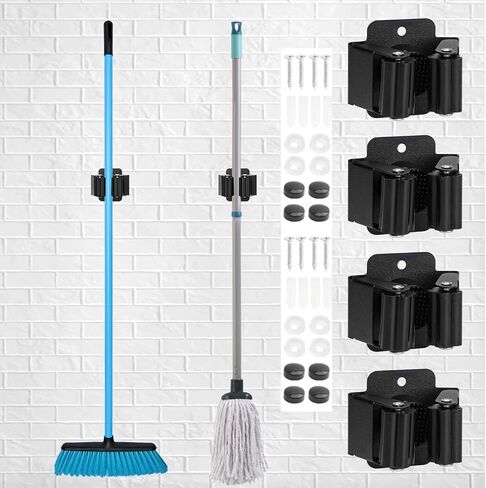4-Pack Broom Holder Wall Mount, Heavy Duty Stainless Steel Tool Organizer Rack for Rake, Shovel Handles, Wall Mounted Utility Rack with Screws (Black) in Kuwait