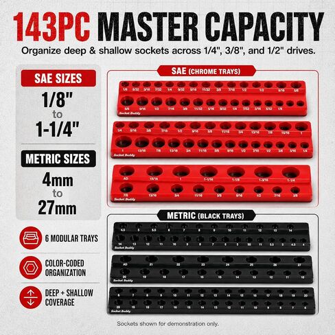 Socket Buddy Magnetic Socket Organizer Set, 6PCS Socket Holder,1/8" to 1-1/4" Sockets Holds 143 Pieces Magnetic Sockets Trays (Black&red) in Kuwait