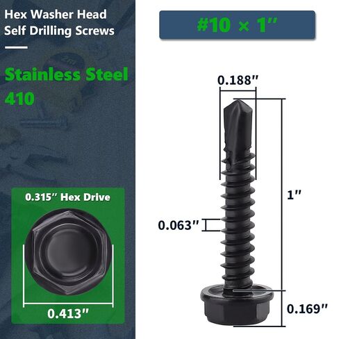 100 pcs #10 x 1 Hex Washer Head Sheet Metal Screws, 410 Stainless Steel Self Drilling Tapping Screws for Metal, Black Coated, with Hex Bit in Kuwait