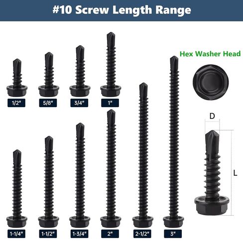 100 pcs #10 x 1 Hex Washer Head Sheet Metal Screws, 410 Stainless Steel Self Drilling Tapping Screws for Metal, Black Coated, with Hex Bit in Kuwait