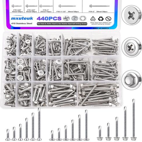 mxuteuk 440PCS #8#10 Self Tapping Screws for Metal 410 Stainless Steel Screws Assortment Set Truss Head & Hex Head & Flat Head Self Tapping Screws (Length 1/2" to 2") in Kuwait