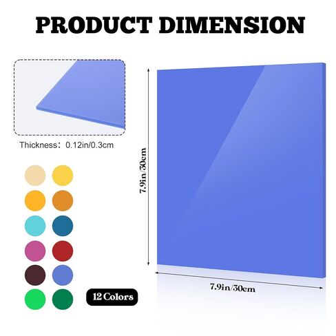 12 Pcs Acrylic Sheets 8 x 8 Inch Colored Cast Acrylic Panels, Opaque Plastic Sheets for Laser Cutting, Engraving, DIY Crafts, Signs and Picture Frames (0.12 Inch Thick) in Kuwait