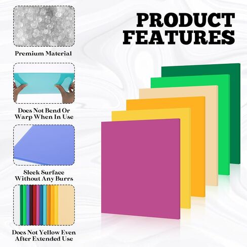 12 Pcs Acrylic Sheets 8 x 8 Inch Colored Cast Acrylic Panels, Opaque Plastic Sheets for Laser Cutting, Engraving, DIY Crafts, Signs and Picture Frames (0.12 Inch Thick) in Kuwait