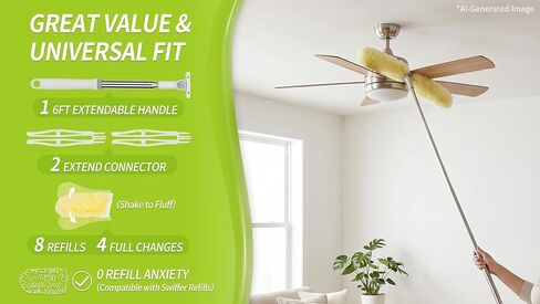 IVYROLL Dual Head Duster with Extended Handle 6 ft, Lockable Extendable Duster Kit with Extension Pole for High Ceiling Fan & Wall, 8 Refills in Kuwait