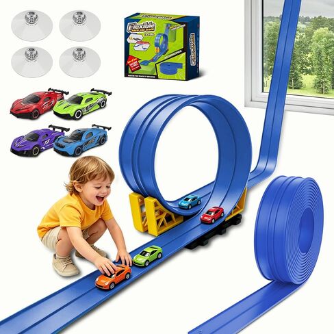 مسار السباق المرن بطول 16 قدمًا مع أكواب الشفط المتوافقة مع سيارات Diecast 1/64، ألعاب مسار السيارة المرنة للأعمار من 3 سنوات فما فوق والأطفال الصغار مضمار سباق محمول (أزرق) in Kuwait