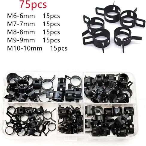 75Pcs/set 6-10mm Q673B Vacuum Spring Fuel Clip Oil Water Hose Pipe Tube Clamps Black Assortment Kit with Storage Box in Kuwait