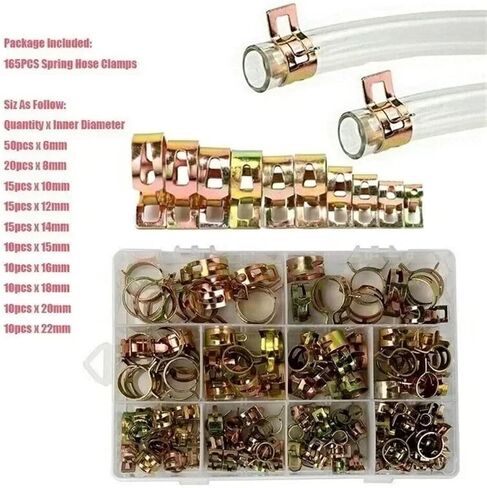 165pcs 6mm-22mm Spring Clip Fuel Water Line Hose Pipe Air Tube Clamps Fuel Water Tube Clamps Fastener Assortment Kit in Kuwait