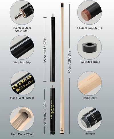 CRICAL Carbon Fiber Playing Cue and Jump Break Cue Set, 58" Low Deflection Professional Pool Cue, 54" 3-Piece Jump Break Cue, 12.5mm and 13.5mm Tips in Kuwait