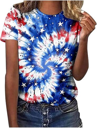 Tie Dye Shirts for Women Crew Neck Summer Tops Patriotic Tunic Short Sleeve Loose Holiday Tees 2026 Independence in Kuwait