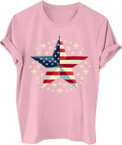 4 Th of July Shirt for Women Short Roll Sleeve Crew Neck Lightweight Star Blouses Casual Tees Holiday Tees in Kuwait