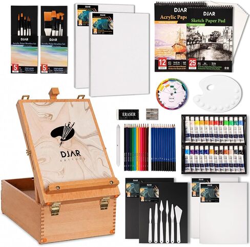 DJAR 87 pcs Acrylic Paint Set for Adults with Storage Box, Professional Paint Supplies with Desktop Easel, Acrylic Paint, Canvas and 24 Color Paints for Artists and Beginners in Saudi Arabia