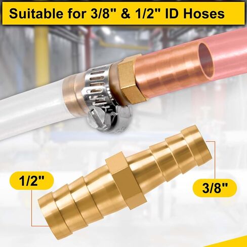 2 Pack Hose Barb Fittings Reducer, 5/16" to 3/8" Brass Hose Barb Reducer with 4 Hoses Clamps, Reducing Barb Brabed Fitting Splicer Mender Union, Brass Hoses Barb Adapter for Fuel Water Air in Kuwait