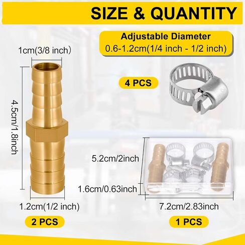 2 Pack Hose Barb Fittings Reducer, 5/16" to 3/8" Brass Hose Barb Reducer with 4 Hoses Clamps, Reducing Barb Brabed Fitting Splicer Mender Union, Brass Hoses Barb Adapter for Fuel Water Air in Kuwait