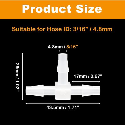 Plastic 3/16" Tee Fitting Equal Barb 3 Way Hose Joint Splicer Mender Union Adapter for Oxygen Boat Aquarium Liquid Air (Pack of 5) in Kuwait