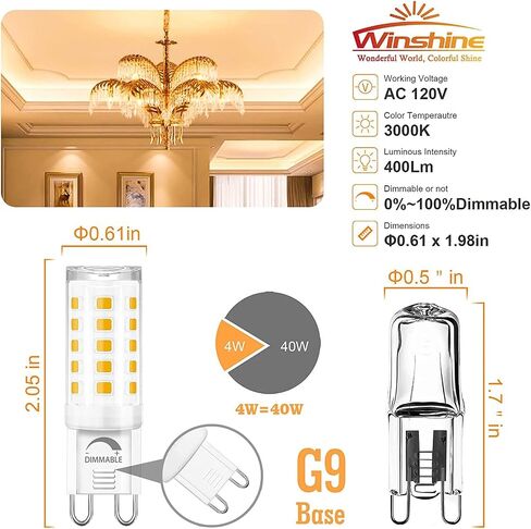 Winshine 10 حزمة عكس الضوء G9 LED لمبة الضوء 3000K أبيض دافئ، 4W G9 قاعدة الثريا ضوء لمبة بيضاء ناعمة، T4 40Watt استبدال الهالوجين G9 قاعدة ثنائية الدبوس، CRI85 120V 360 درجة زاوية الشعاع in Saudi Arabia