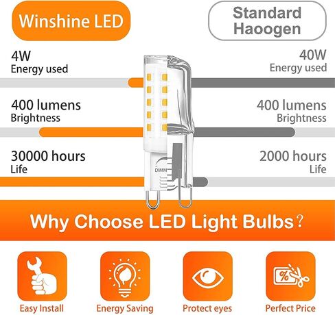 Winshine 10 حزمة عكس الضوء G9 LED لمبة الضوء 3000K أبيض دافئ، 4W G9 قاعدة الثريا ضوء لمبة بيضاء ناعمة، T4 40Watt استبدال الهالوجين G9 قاعدة ثنائية الدبوس، CRI85 120V 360 درجة زاوية الشعاع in Saudi Arabia