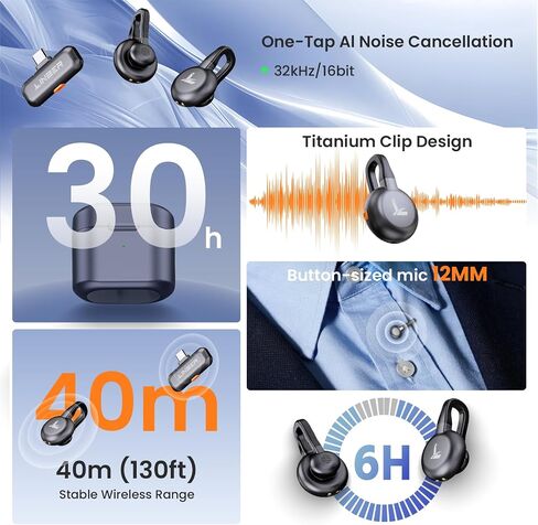 ميكروفون Lavalier لاسلكي لأجهزة iPhone وAndroid، ميكروفون صغير USB-C مع خاصية إلغاء الضوضاء AI، نطاق 196 قدمًا، بطارية 50 ساعة، ميكروفون مثبت على طية صدر السترة لإنشاء محتوى تسجيل مقابلة على YouTube in Kuwait