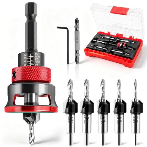 9 Pieces Countersink Drill Bit Set, 5 Sizes Two-Flute Tapered HSS Drill Bits with Adjustable Depth Stop Collar and Wrench, Woodworking Tools for Screw Pilot Holes in Softwood Hardwood MDF in Kuwait
