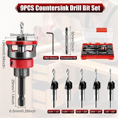 9 Pieces Countersink Drill Bit Set, 5 Sizes Two-Flute Tapered HSS Drill Bits with Adjustable Depth Stop Collar and Wrench, Woodworking Tools for Screw Pilot Holes in Softwood Hardwood MDF in Kuwait