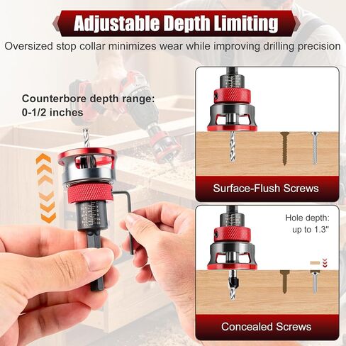 9 Pieces Countersink Drill Bit Set, 5 Sizes Two-Flute Tapered HSS Drill Bits with Adjustable Depth Stop Collar and Wrench, Woodworking Tools for Screw Pilot Holes in Softwood Hardwood MDF in Kuwait