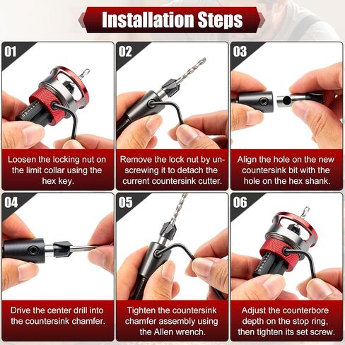 9 Pieces Countersink Drill Bit Set, 5 Sizes Two-Flute Tapered HSS Drill Bits with Adjustable Depth Stop Collar and Wrench, Woodworking Tools for Screw Pilot Holes in Softwood Hardwood MDF in Kuwait