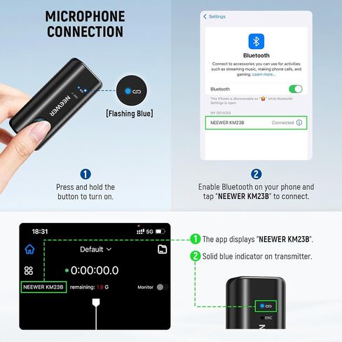 NEEWER KM23B ميكروفون لاسلكي Lavalier تحكم في تطبيق بلوتوث، متوافق مع هاتف iPhone Android 8 ساعات بطارية تحسين صوتي وإلغاء الضوضاء وضبط مستوى الصوت قطع منخفض لتدفق مدونات الفيديو in Kuwait