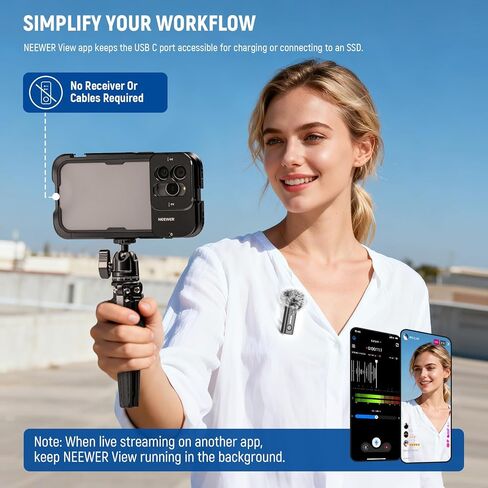 NEEWER KM23B ميكروفون لاسلكي Lavalier تحكم في تطبيق بلوتوث، متوافق مع هاتف iPhone Android 8 ساعات بطارية تحسين صوتي وإلغاء الضوضاء وضبط مستوى الصوت قطع منخفض لتدفق مدونات الفيديو in Kuwait