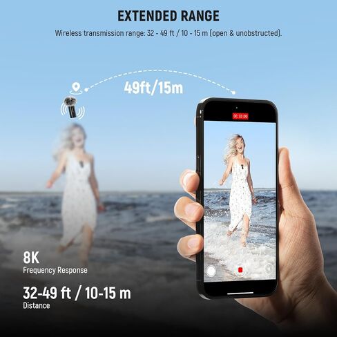NEEWER KM23B ميكروفون لاسلكي Lavalier تحكم في تطبيق بلوتوث، متوافق مع هاتف iPhone Android 8 ساعات بطارية تحسين صوتي وإلغاء الضوضاء وضبط مستوى الصوت قطع منخفض لتدفق مدونات الفيديو in Kuwait