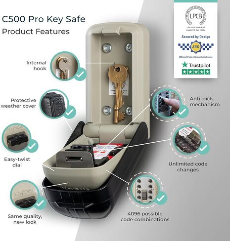 SUPRA C500 Pro Key Safe - تفضل الشرطة ذات الأمان العالي في الهواء الطلق مقاومة للهجوم بزر ضغط مثبت على الحائط آمن. صندوق قفل للمفاتيح، والسلاسل، وبطاقات الوصول in Kuwait