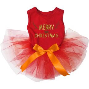 Petitebella Merry Christmas Reindeer Puppy Dog Dress (Red/Red, X-Large) in Kuwait