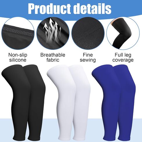 3 Pairs Leg Sleeves, Full Length Leg Compression Sleeve | Sports Leg Knee Sleeve, Anti Slip Silicone Strips in Kuwait