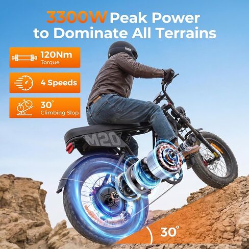 ENGWE M20 3.0 3300W Off-Road Electric Bike—Cruise Control, Speed 40MPH, 60V 40Ah Battery 2h Fast Charging, 180Mile Range, 120Nm of Torque, Hydraulic Brakes and Full Suspension (Black, Dual Battery) in Kuwait