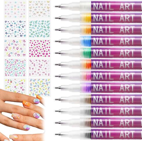 miikoul 12 Colors Nail Art Pens Set 0.7mm Art Graffiti Pen with 10PCS Nail Art Stickers 3D Nail Polish Paint Pens Quick Drying Waterproof Drawing Marker Pen for Nail Art Drawing and Salon DIY in Saudi Arabia