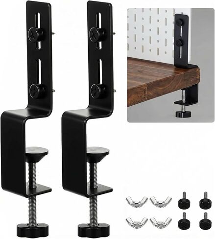 2 Pcs Desk Clamp, Heavy Duty Desk Mount Pegboard Fixing Bracket, Durable Home, Office & Gaming Desktop Accessories Brackets, Pegboard Organizer Metal Brackets, Black in Kuwait