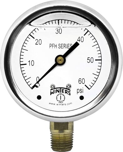 Winters PFH803R1 PFH Series Hydraulic SS Liquid Filled Gauge, One Piece Socket, 2.5" Dial, 1/4" NPT Bottom, 0-60 psi in Kuwait